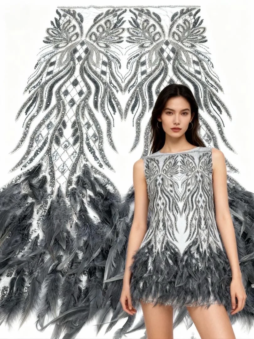 

African 3D Feather Lace Fabric 2025 High Quality Beaded Embroidery French Sequins Lace Fabric For Nigerian Wedding Dresses Sew