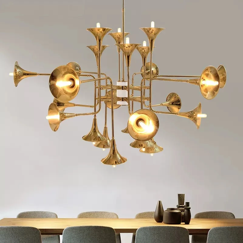 Nordic E27 Gold Horn Pendant Lamp Exhibition Suspension Multiple Luminaire Chandelier Floor Light For Restaurant Music Hall Art