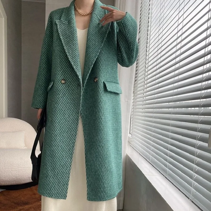 Reversible Cashmere Coat for Women, Casual Rhombus Plaid Thick Woolen Coat, High-End, Suit Collar, Fashion, New, Autumn, Winter