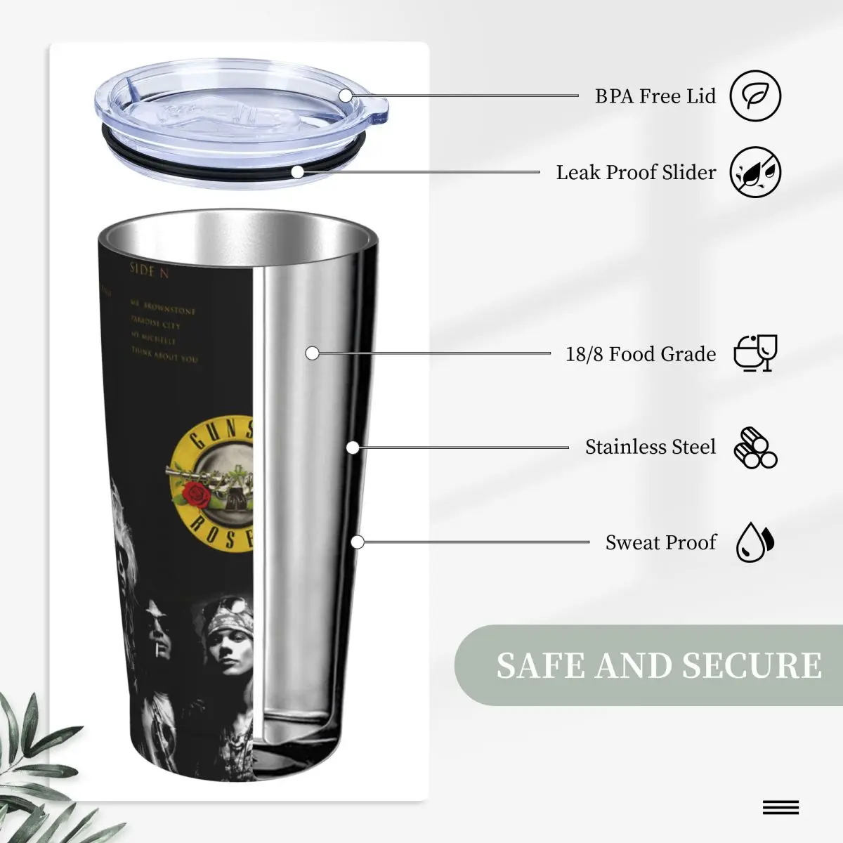 Guns N Roses Rock Band Tumbler With Straw And Lid Stainless Steel Cup Mugs Double Wall Vacuum Insulated for Cold and Hot 20oz