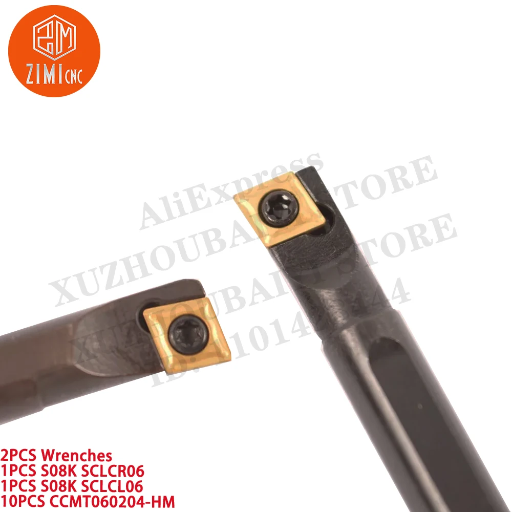 2PCS S08K SCLCR06 kanan + S08K SCLCL06 kiri 8mm Pemegang Bubut +  10PCS CCMT060204-HM Sisipan Karbida CNC alat pemotong bubut logam