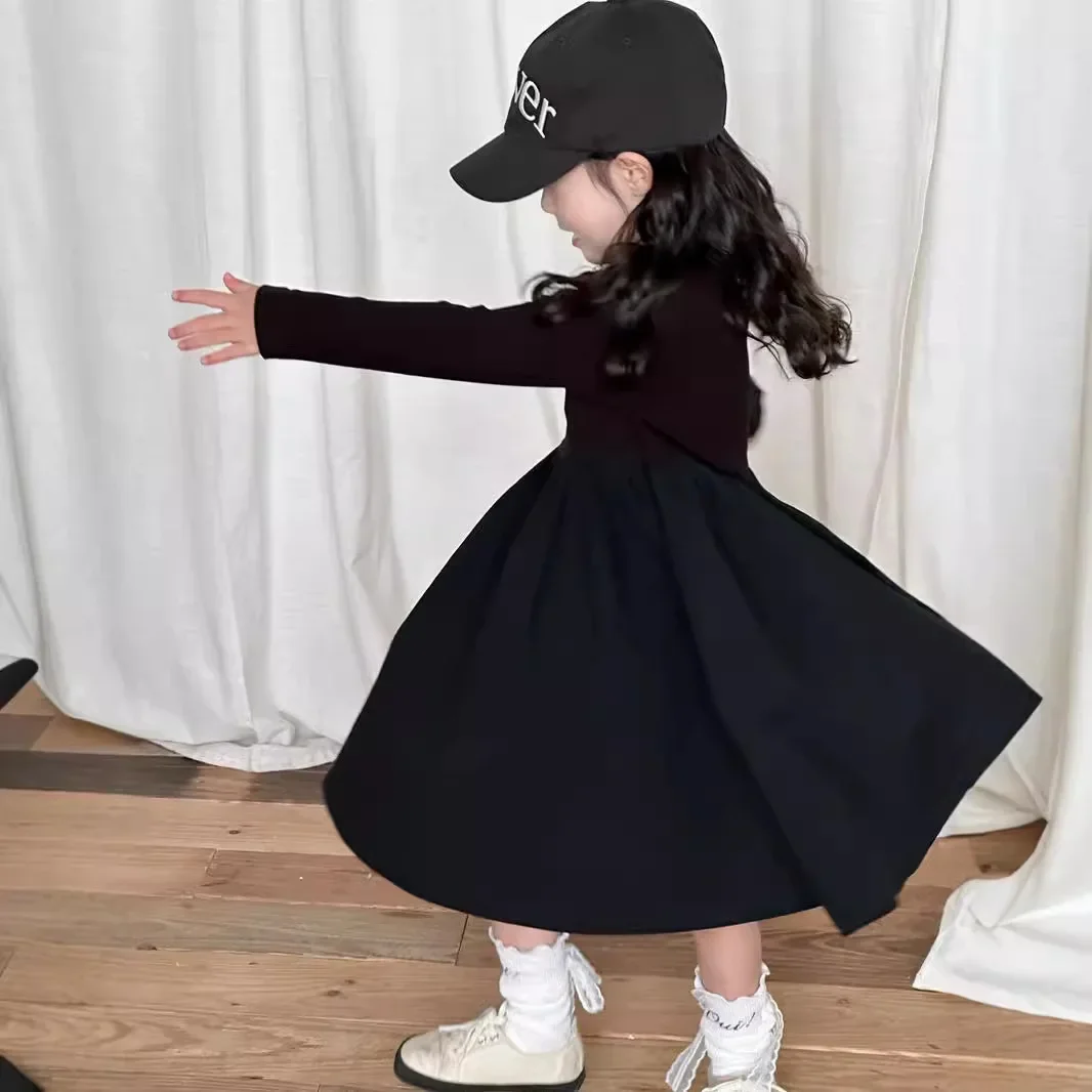 Girls Casual Dresses Black Long-sleeved Zipper Patchwork Dress Toddler Girl Clothes Party Dress for Kids Girl 2 To 7 Years