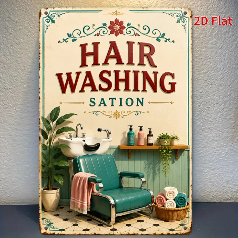 2D Flat, [2Dflat], 1pc 30x20cm- Hair Washing Station Tin Sign, Vintage Salon Decorative Sign, Retro Wall Art for Barber Shop,