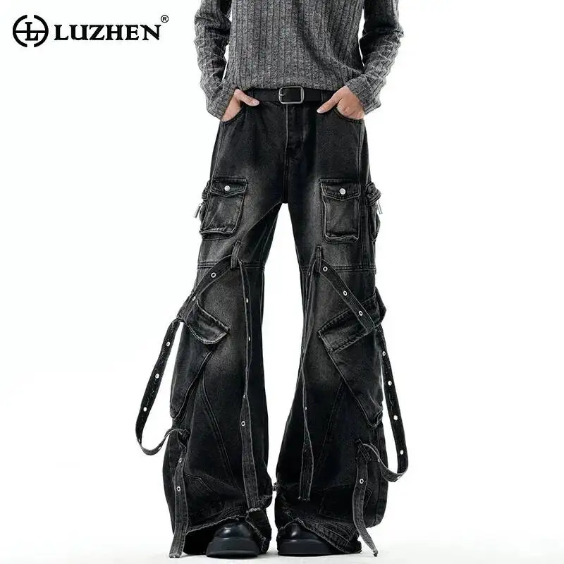 LUZHEN 2026 New Hip -hop Style Multi Pockets Design Ribbon Decorate Denim Pants Men's Stylish Street Straight Male Jeans JY7873