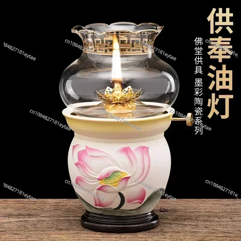 Ceramic ink paint fairy windproof butter lamp Buddha lamp front Buddha lamp lotus