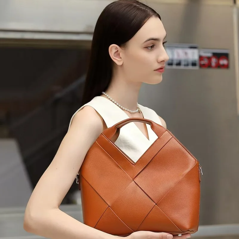 New Top Layer Cowhide Handbag Inverted Triangle Design Soft Leather Light Luxury Genuine Leather Single Shoulder Woven Bag