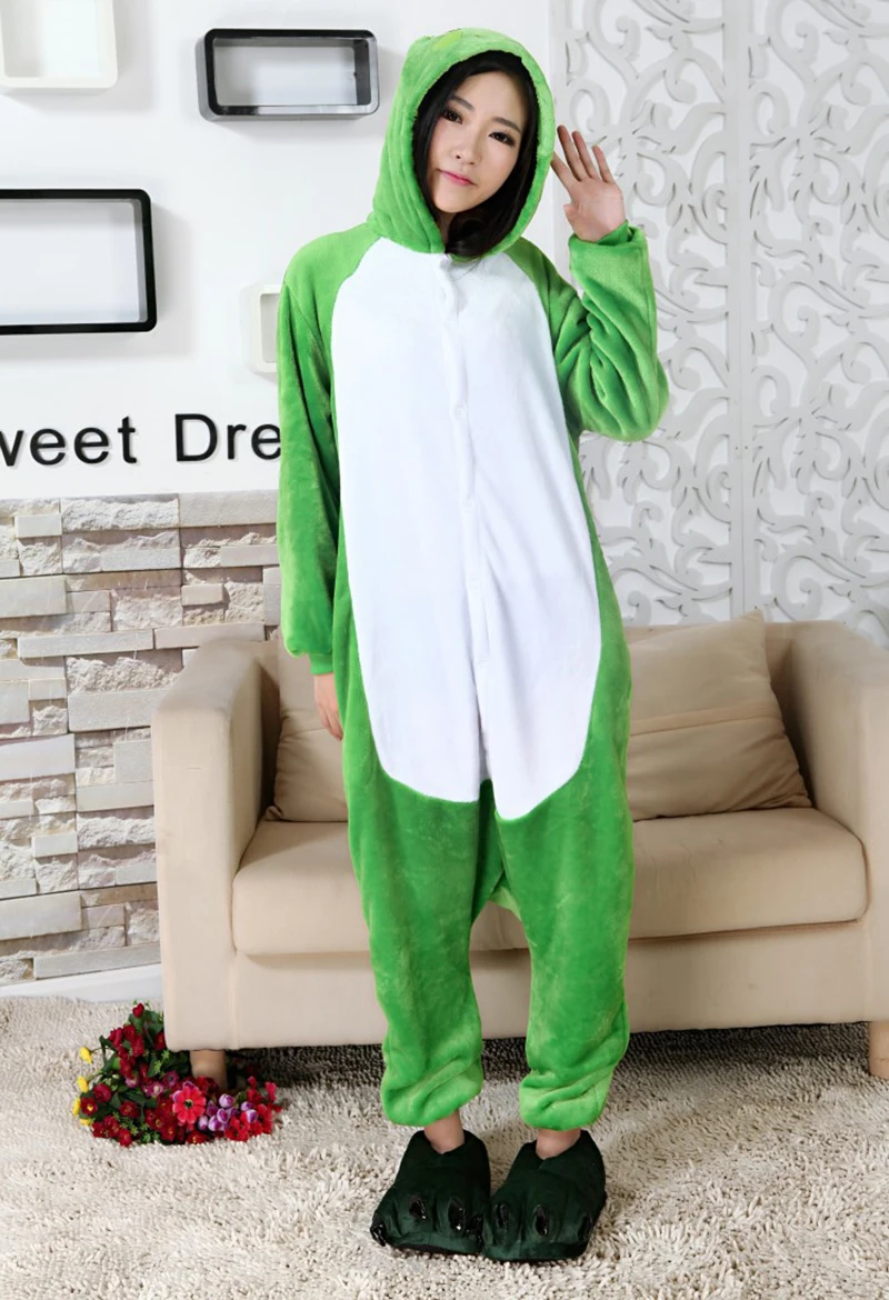 Green Frog Pajamas Adult Animal Onesie for Women Men Couple Winter Nightwear Coral Fleece Warm Sleepwear Flannel Pijamas Pyjamas