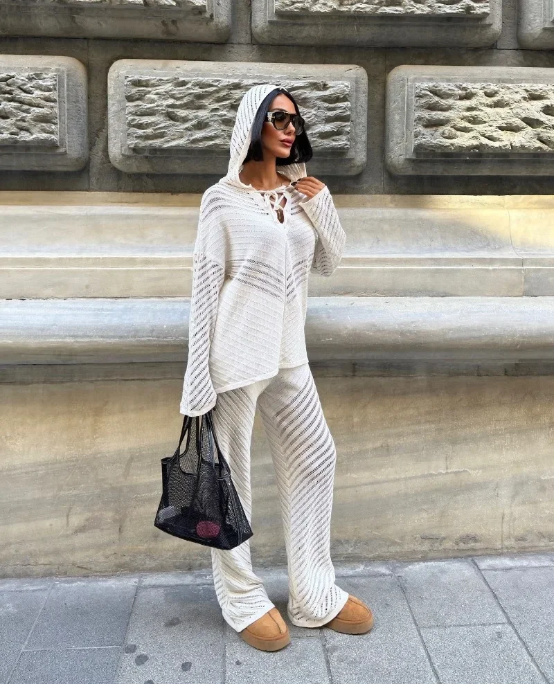 

GUWU Fashion Knit Women's Set Full Sleeve Hooded Sweater and Long Pants 2025 Warm Autumn Active Casual Two 2 Piece Set Outfits