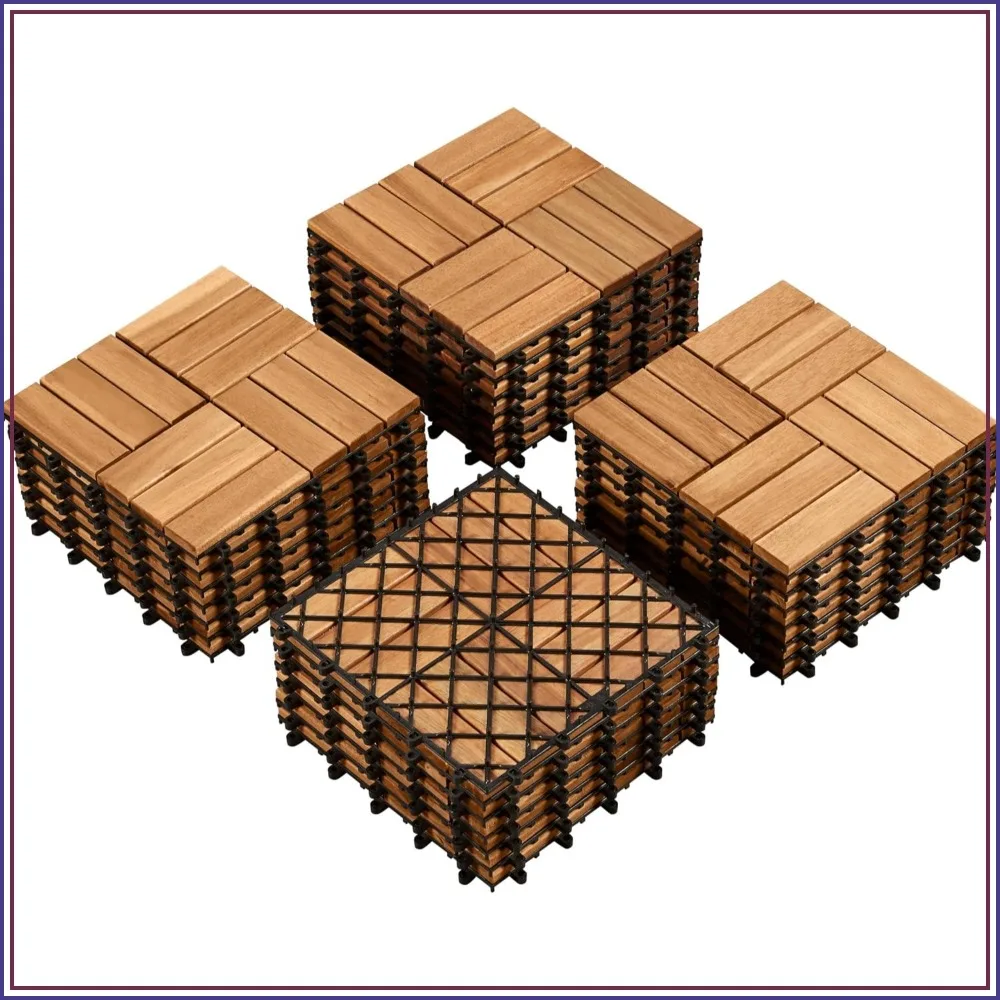 27PCS Acacia Wood Deck Tiles Interlocking Patio Flooring, 12x12 inch