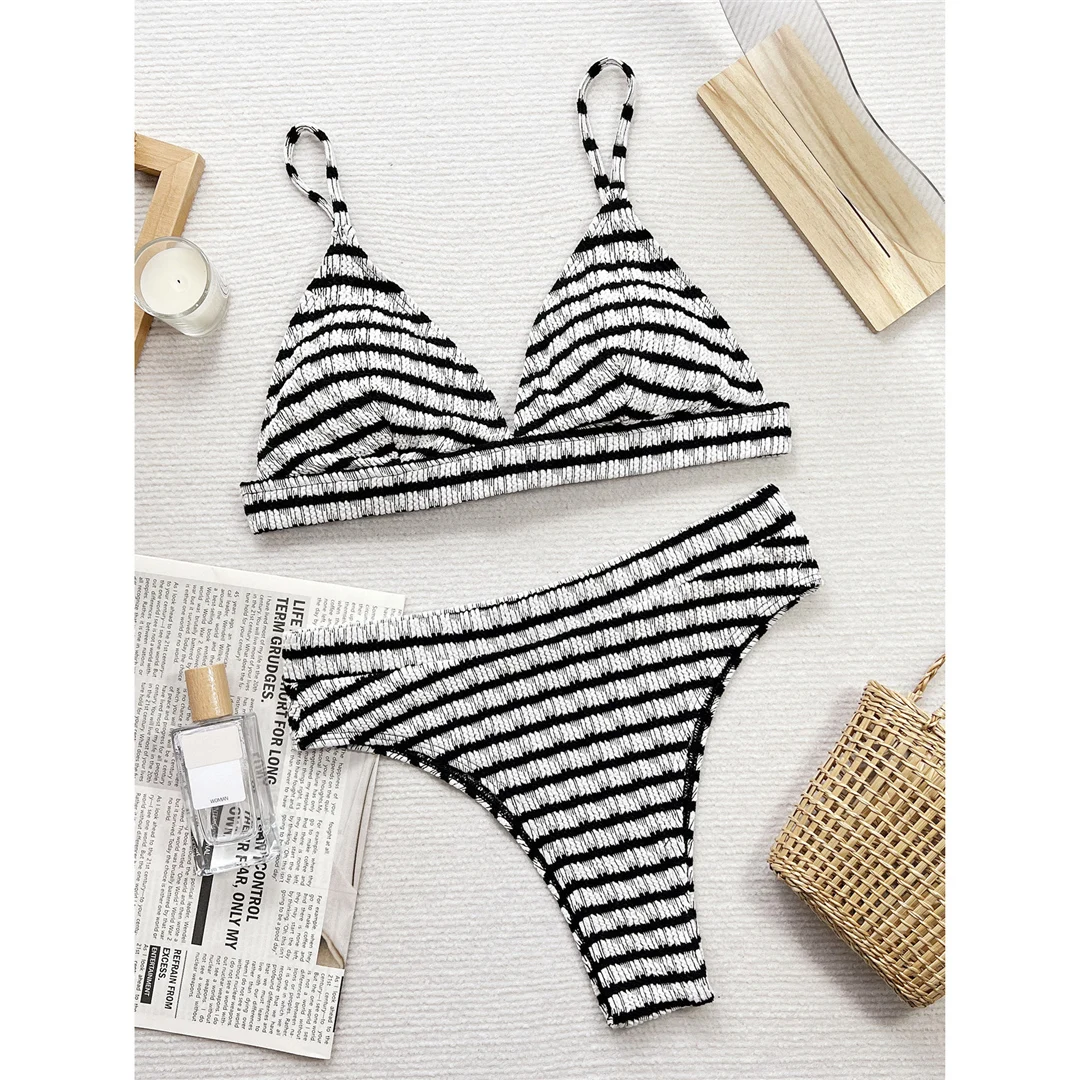 Sexy, schwarz-weiß gestreifter Bikini mit hoher Taille, Damen-Badeanzug, zweiteiliges Bikini-Set, Badebekleidung, Badeanzug, Modell V5830. – Detail 8