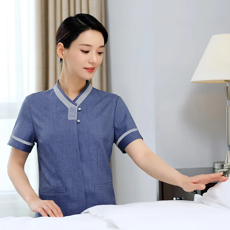 Unissex manga curta novo estilo limpador pessoal top 5 estrelas uniforme de hotel design limpeza