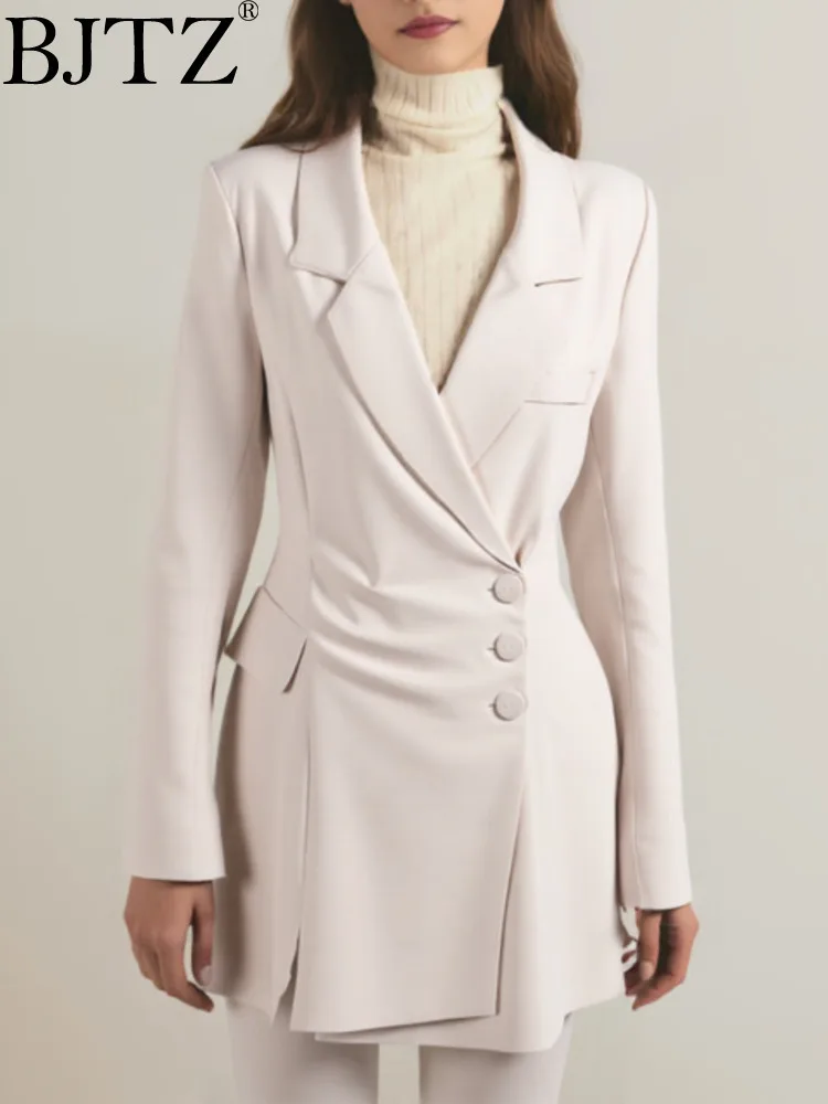 

BJTZ Fashion Pleated A-line Waist Blazer Jacket For Women 2025 Spring Autumn Trendy Notched Neck Solid Color Blazers Coat