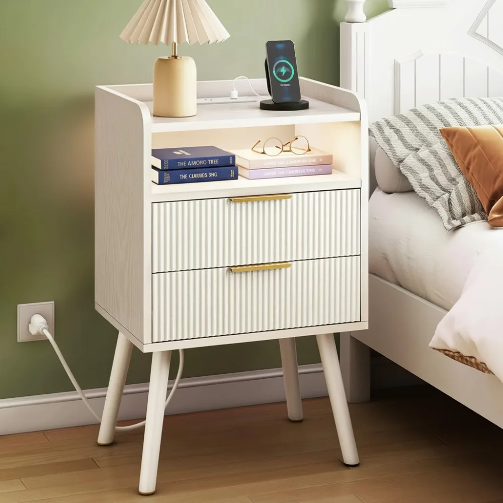 

White Fluted Nightstand with Charging Station, LED Bedside Table with 2 Drawers, Modern Design for Bedroom
