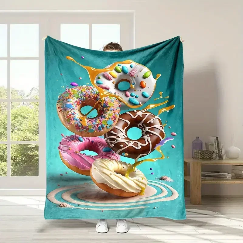 Cozy Donut Pattern Flannel Blanket - Perfect for all seasons, great for camping, traveling, bed, Halloween, Christmas