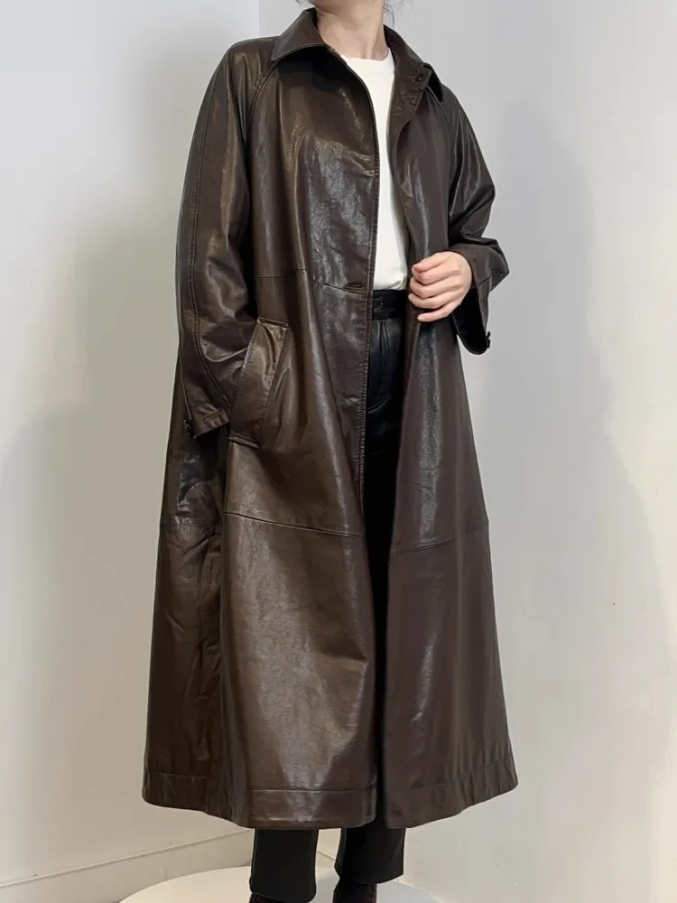 Italienische Designer Frauen Schaffell Echtes Leder Lange Jacke Büro Damen Herbst Arbeit Trenchcoat Lose Fit Windjacke Outwear