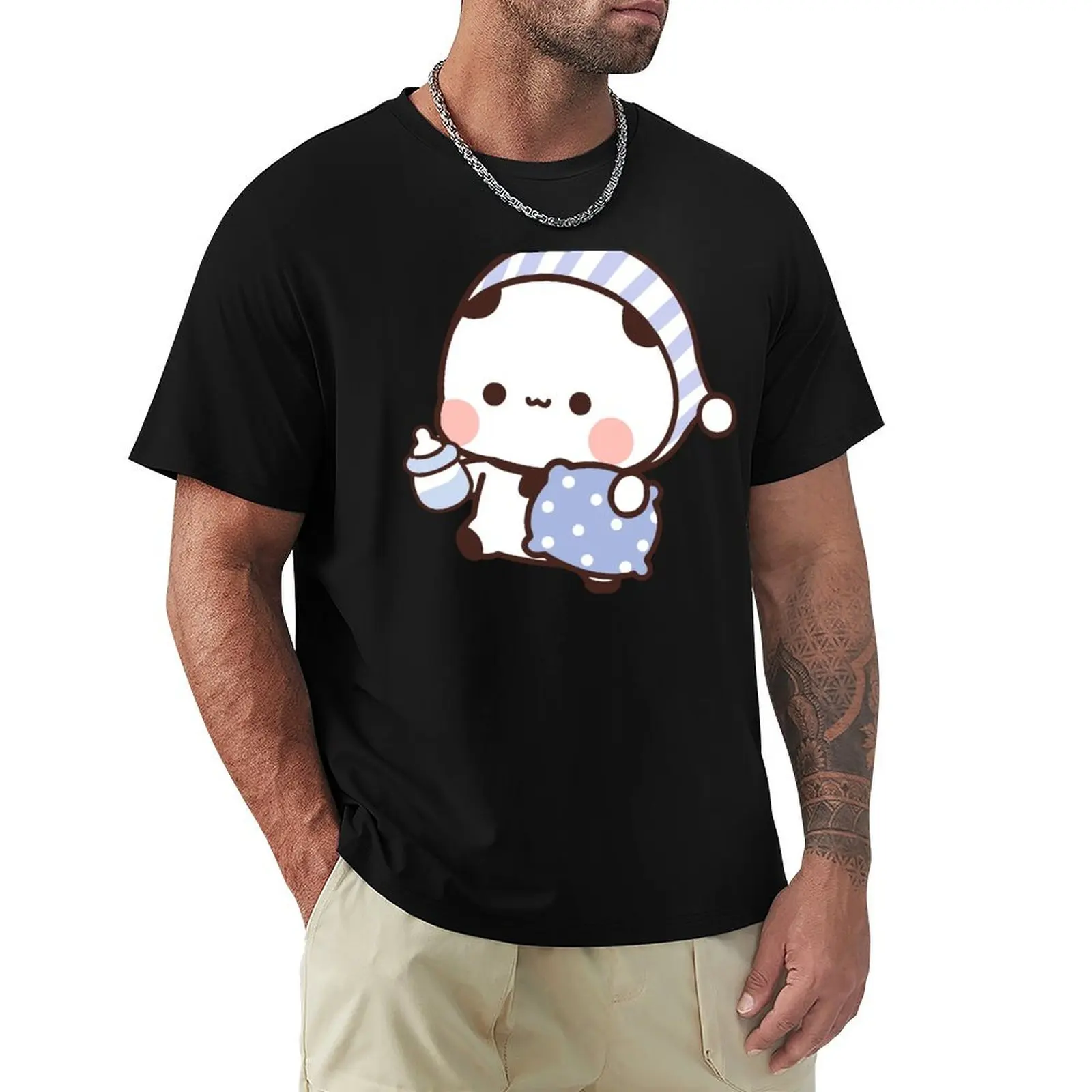 

BuBu Panda going to sleep with DuDu Bear T-Shirt anime shirt cotton graphic tees Men's cotton t-shirt