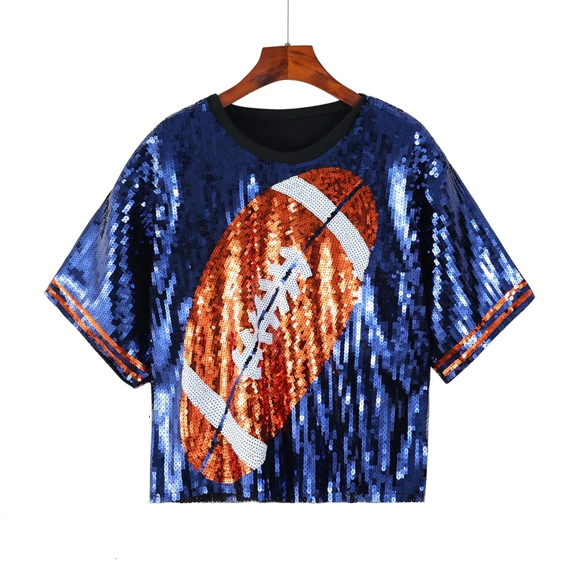 

Summer New Short Sleeve Fashion Geometric Sequins Streetwear Loose Hip Hop Night Club Straight Round Neck Women T-Shirt