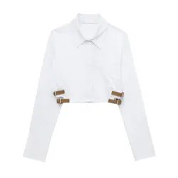 Tangada 2024 Women Belt Tunic Crop Shirt Female White Blouse Tops 3H073