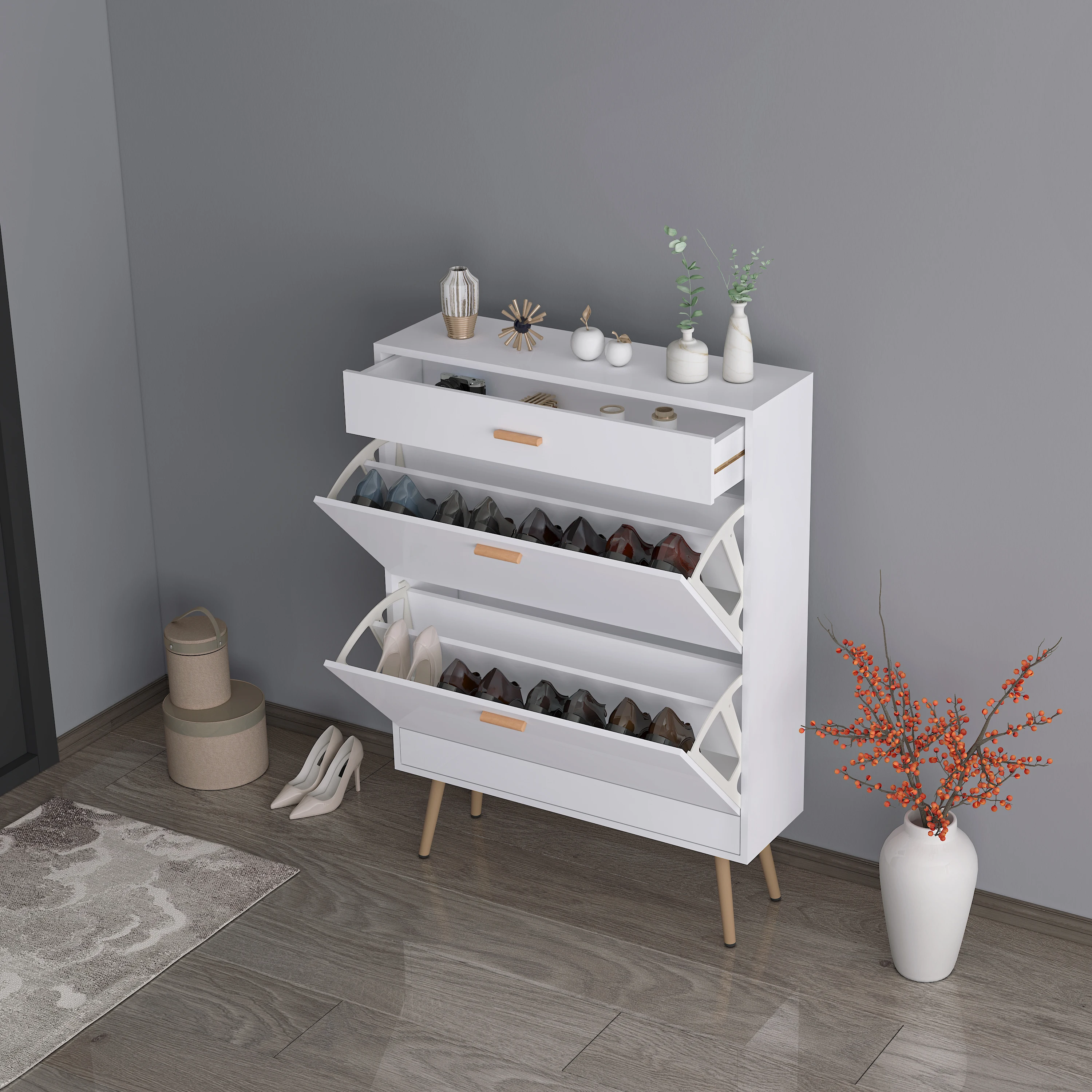 

Shoe Cabinet, 16 Pair Shoe Rack Storage Organizer with 2 Flip Drawers, White