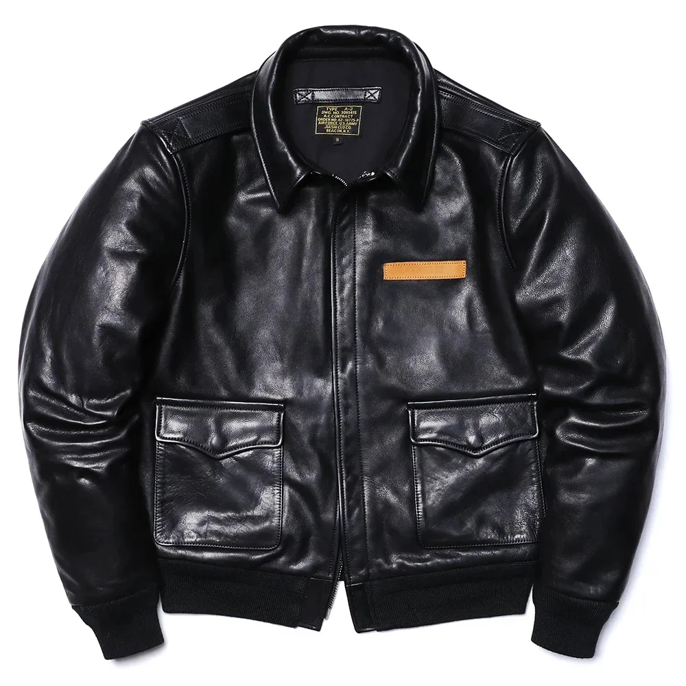 A2 Type Calfskin Air Force Genuine Leather Jacket Men's Vegetable Tanning Cowhide Flight Motorcycle Coat Style Clothes