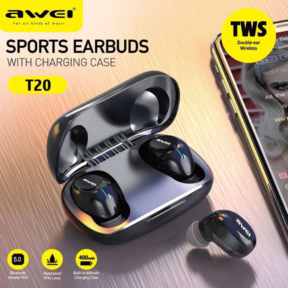 Awei T20 In Ear Bluetooth Earphones V5.3 Hifi Shocking Sound Wireless Bluetooth Headphones With Mic Headset TWS Gaming Earbuds