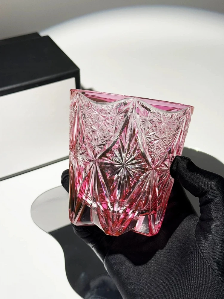 240ml Pink Whiskey Glass Hand Carved Chrysanthemum Star Pattern Edo Kiriko, Japanese Crystal Tumbler Gift for Wife Girlfriend