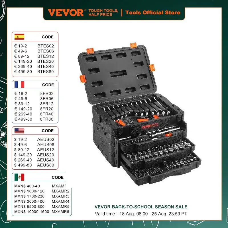 

VEVOR Mechanics Tool Set and Socket Set 1/4" 3/8" 1/2" Drive Deep and Standard Sockets 450 Pcs SAE and Metric Mechanic Tool Kit