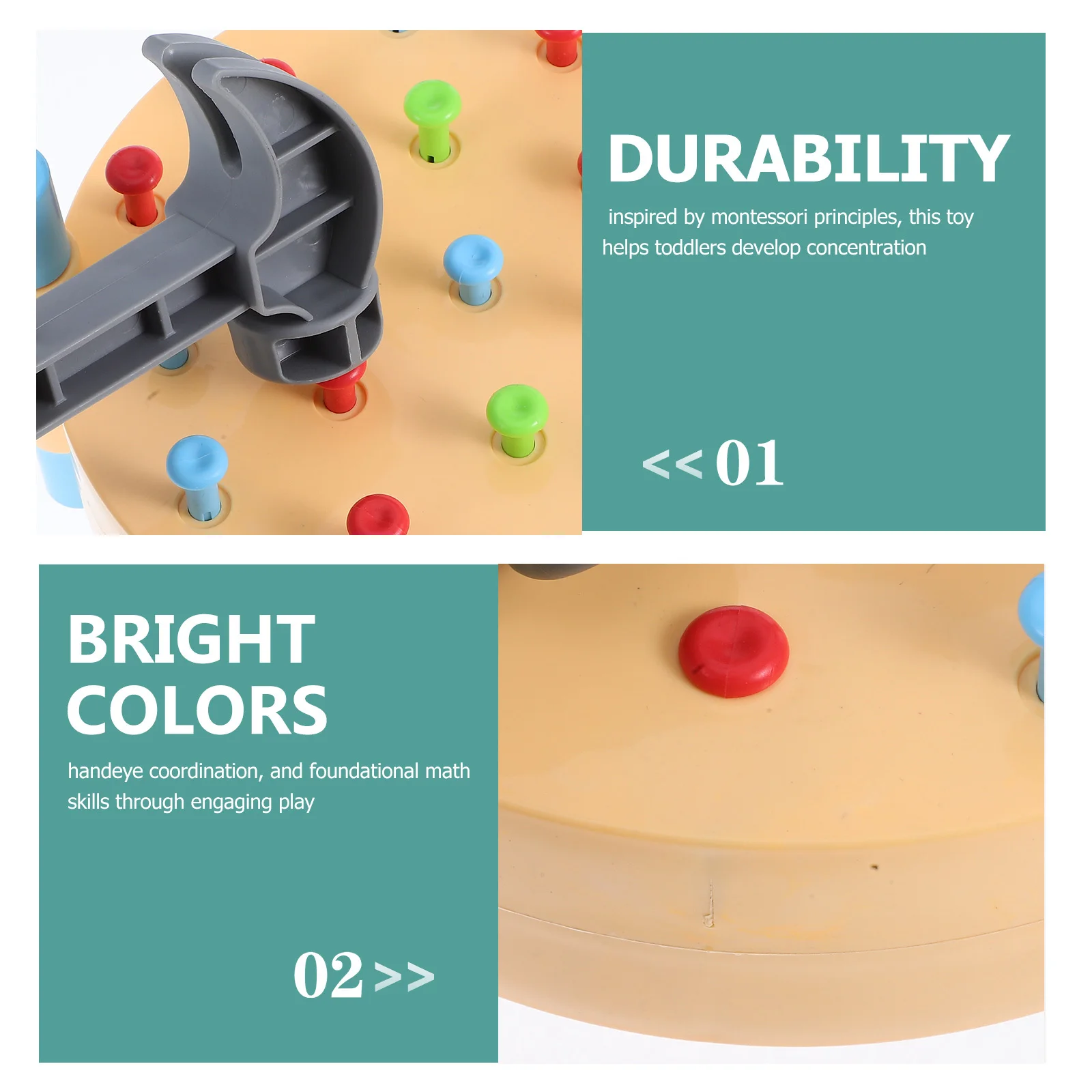 1 set 1 Set Martello Montessori in legno Colore brillante Martellante Gioco per i più piccoli Bambini Martello a perno Strumento di sviluppo delle abilità motorie fini