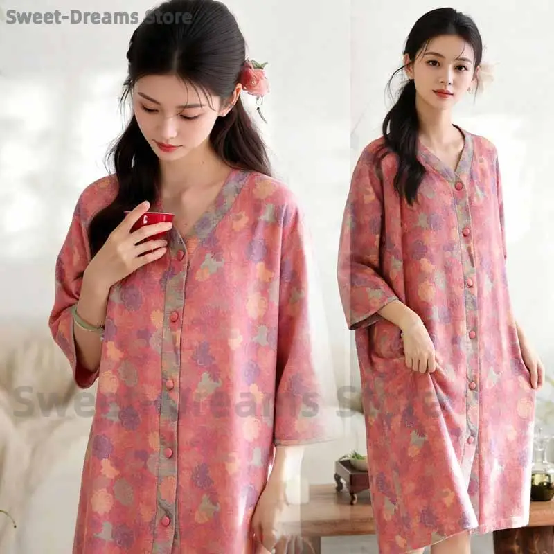 

Women Cotton Bathrobe Print Flower Kimono Robe Soft Breathable Homewear Half Sleeve Nightgown Button Casual Home Clothes