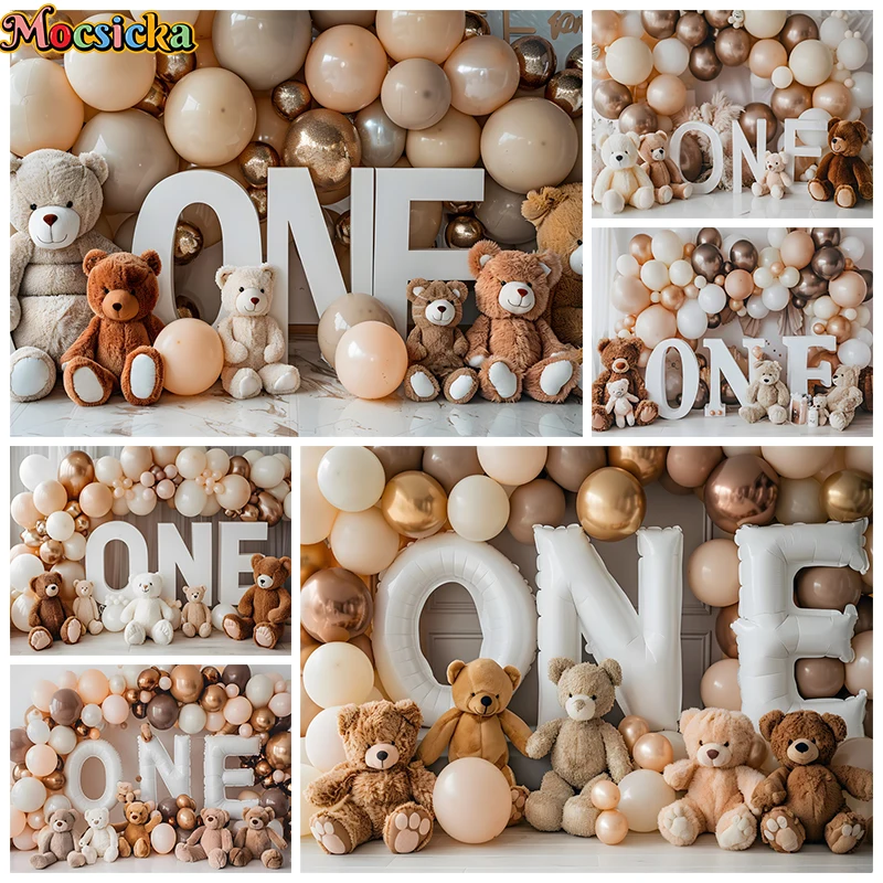 

1st Birthday Background For Photography Brown Bear One Balloon Child Portrait Backdrop Banner Party Decoration Photobooth Props