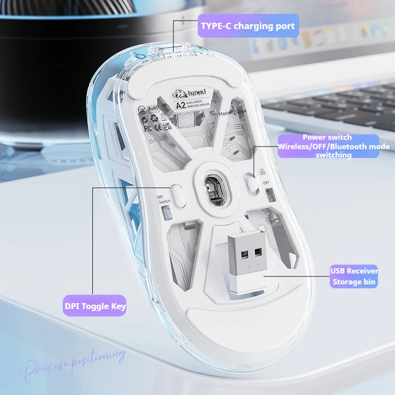 Mouse da gioco wireless Wolf A2 Pro Mouse da gioco trasparenti Rgb Bluetooth 5.3/Type-C Dual Mode Mouse da gioco ergonomico silenzioso per PC/laptop
