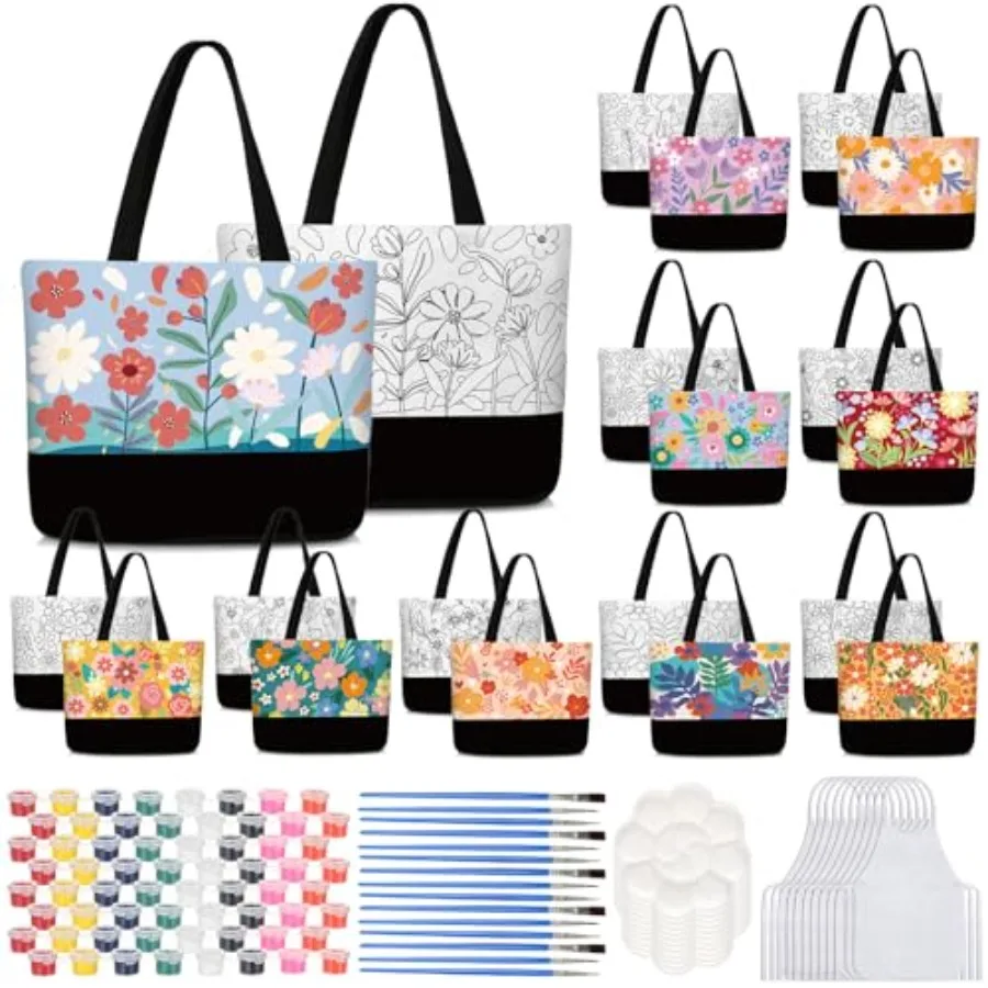 

10 Set Pre Drawn Canvas Bags Set Paint and Sip Kit for Adults Painting DIY Tote Bags Making Kit with Paintbrushes, Paints, Apro