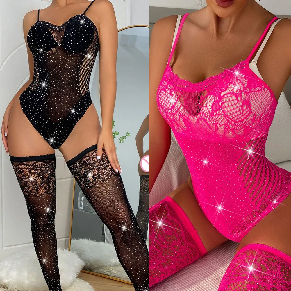 Rhinestone ชุดบอดี้สูทสําหรับงานปาร์ตี้ Crotchless Hollow Out บิกินี่ความสูง 150-180 ซม.Fishnet ถุงน่องแขนกุด
