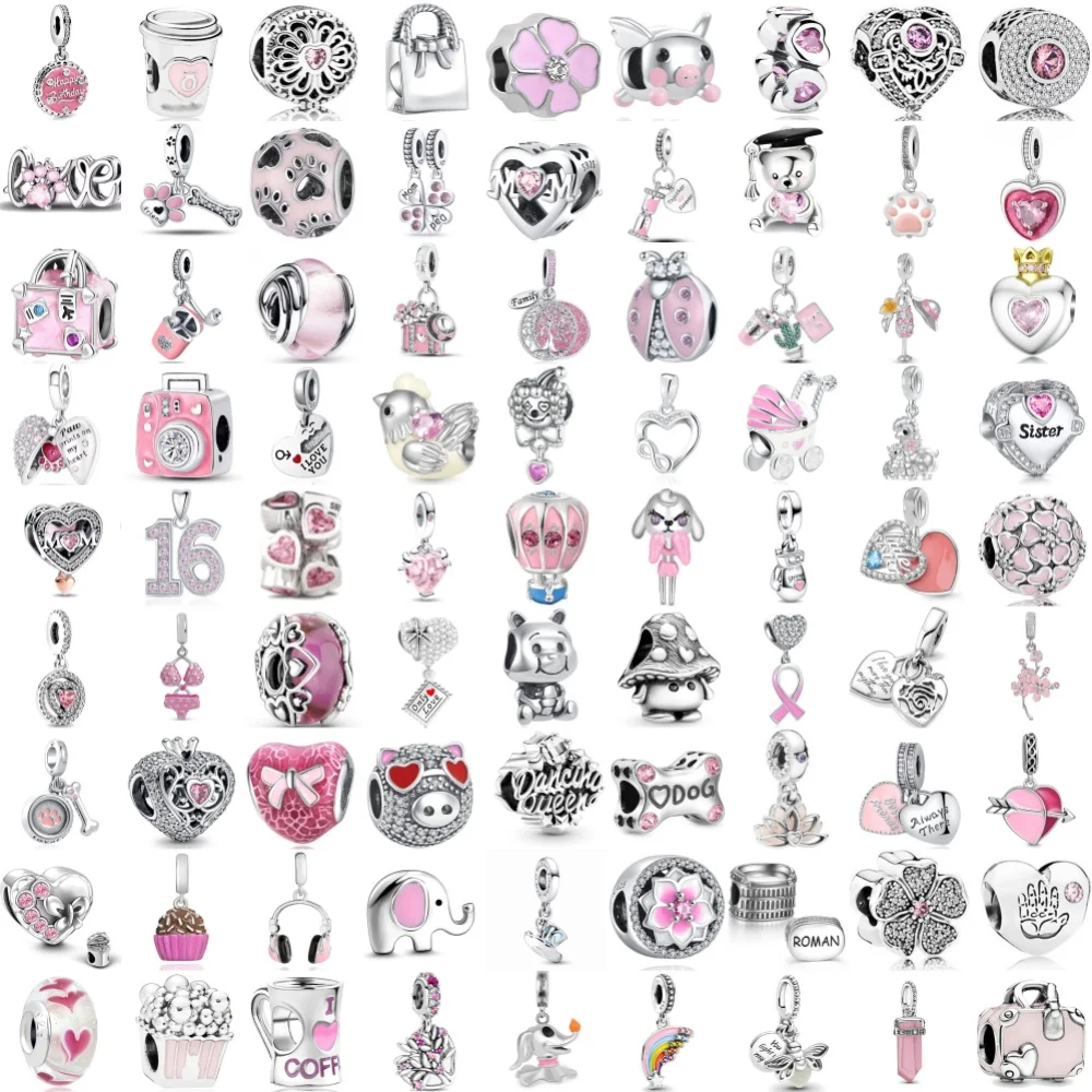 Gran venta de pastel rosa de plata 925, pata de perro, equipaje, colgante de cuentas de taza adecuado para pulsera Original europea, joyería exquisita DIY