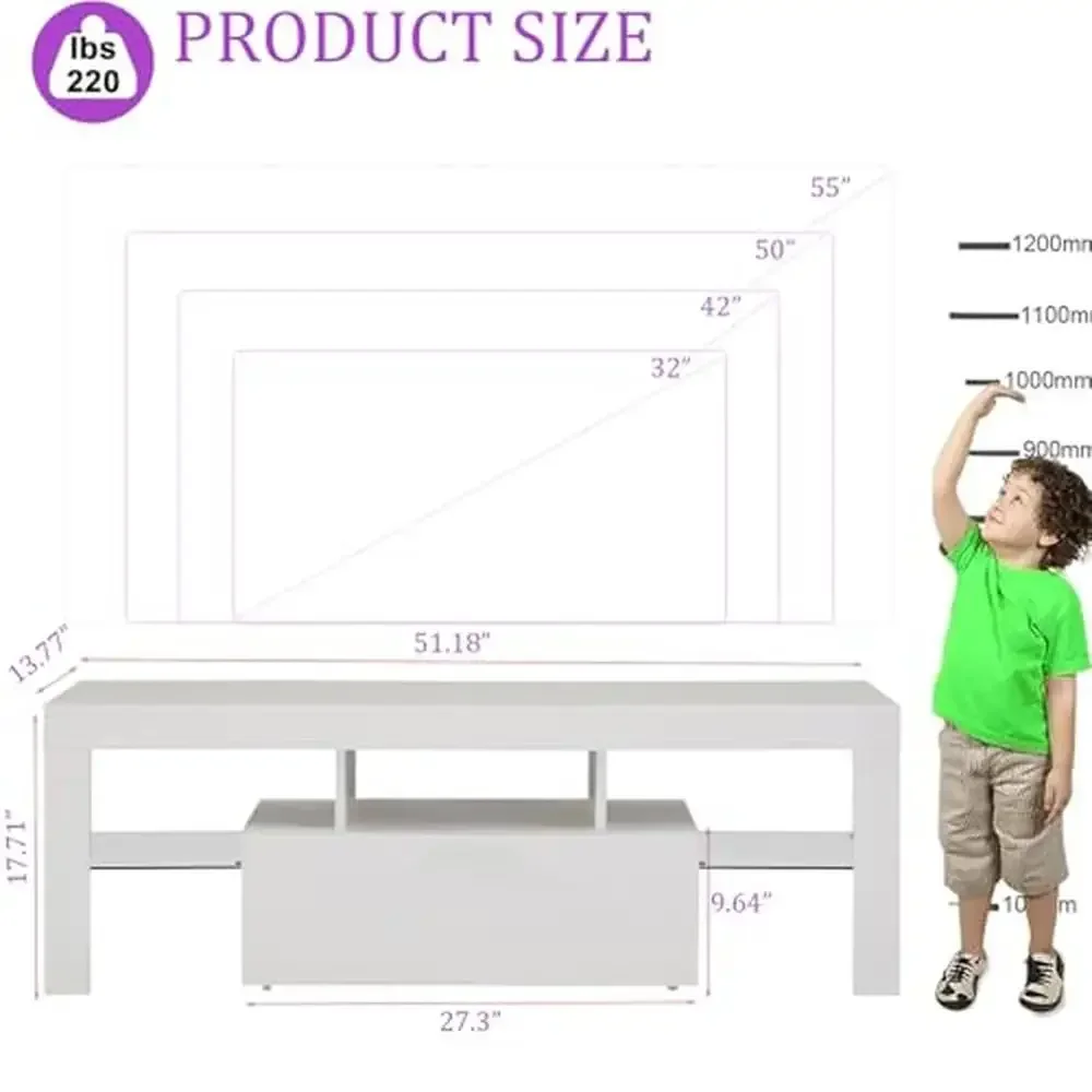 Dudukan TV lampu LED rak penyimpanan laci kaca 55 "meja konsol hiburan putih Gloss tinggi kualitas Modern perakitan mudah