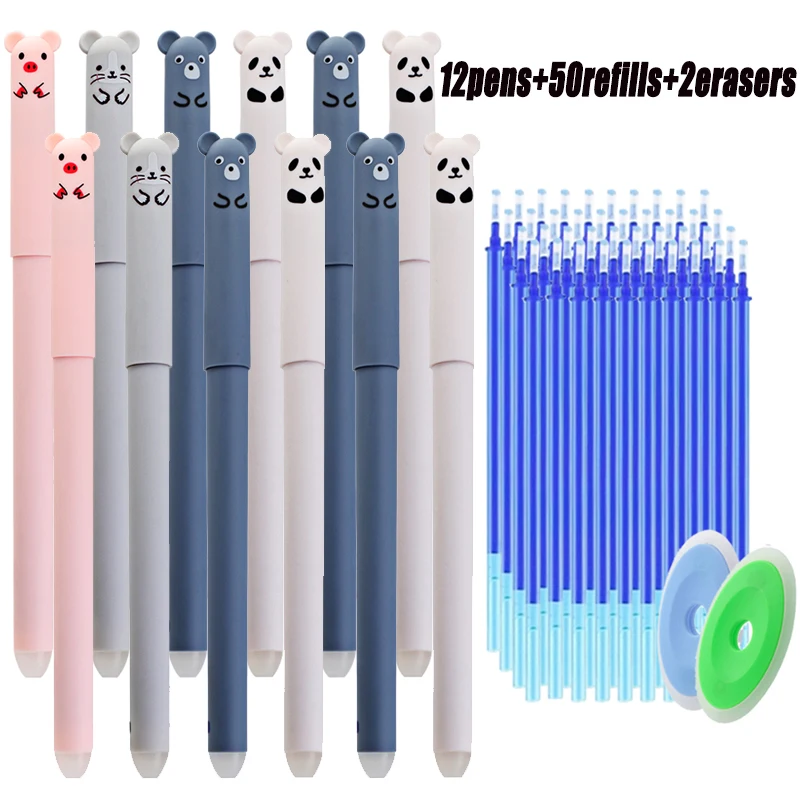 64Pcs/set 0.5mm Animal Bear Cat Mouse Erasable Gel Pens Set, Washable Handle Magic Refill Rod Office Writing Supplies Stationery