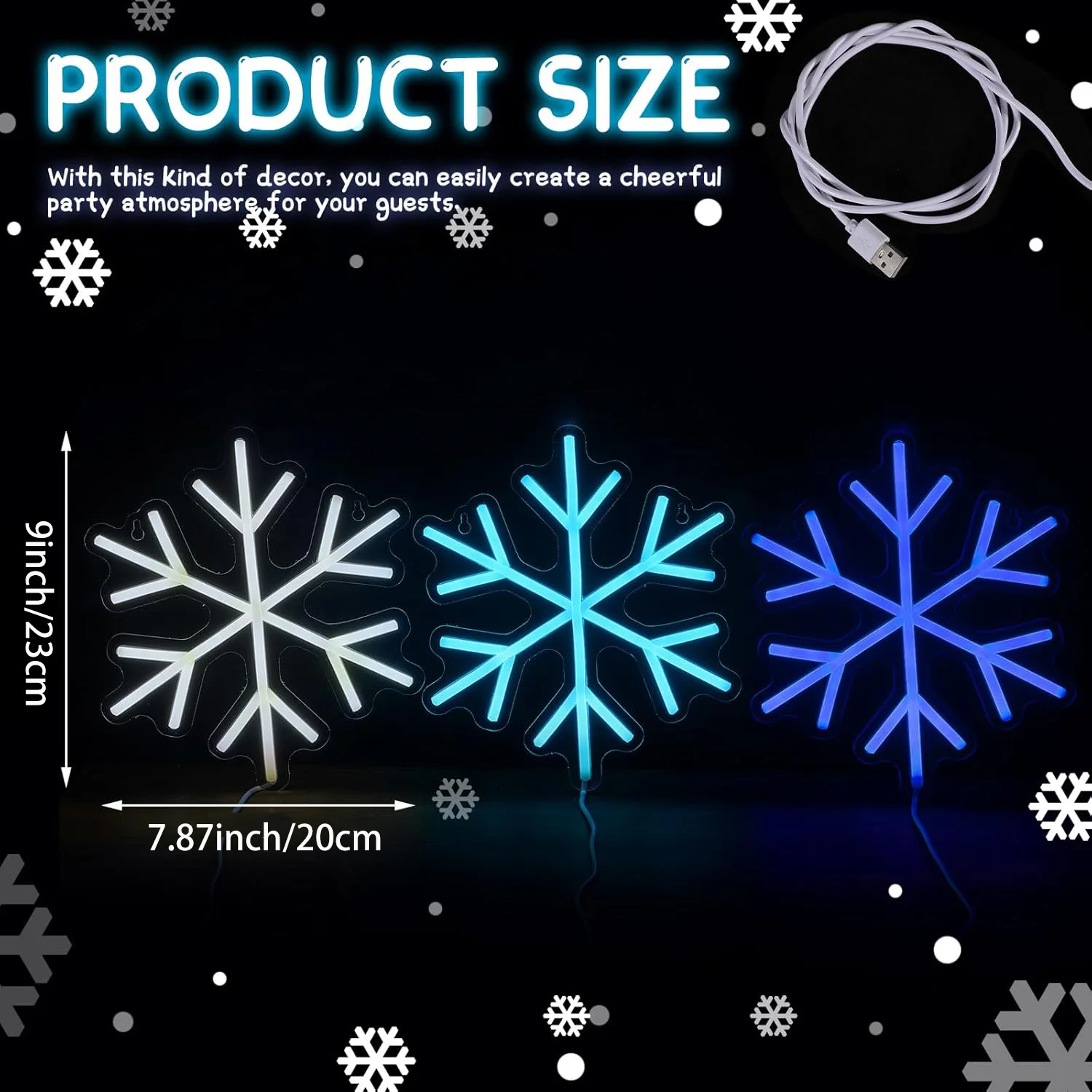 3pcs Snowflake LED Neon Signs, 9*7.9 Inch Snowflake Neon LED Lights Winter Neon Window Wall Bar Living Room Decoration Winter Ch