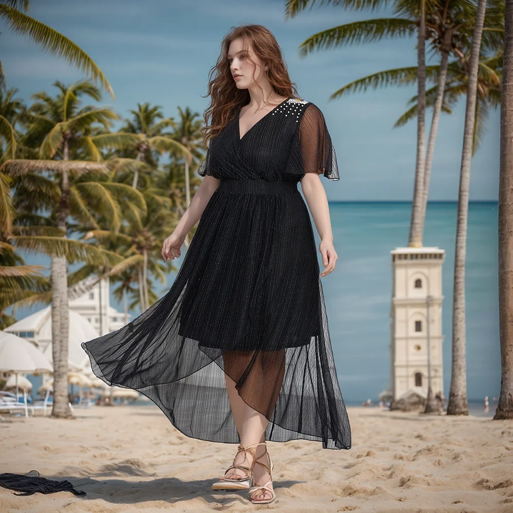 Sukienka koktajlowa, elegancka, plus size, błyszcząca, brokatowa, marszczona, obcisła mini sukienka, sukienka z cekinami, z falbankami na rękawach.