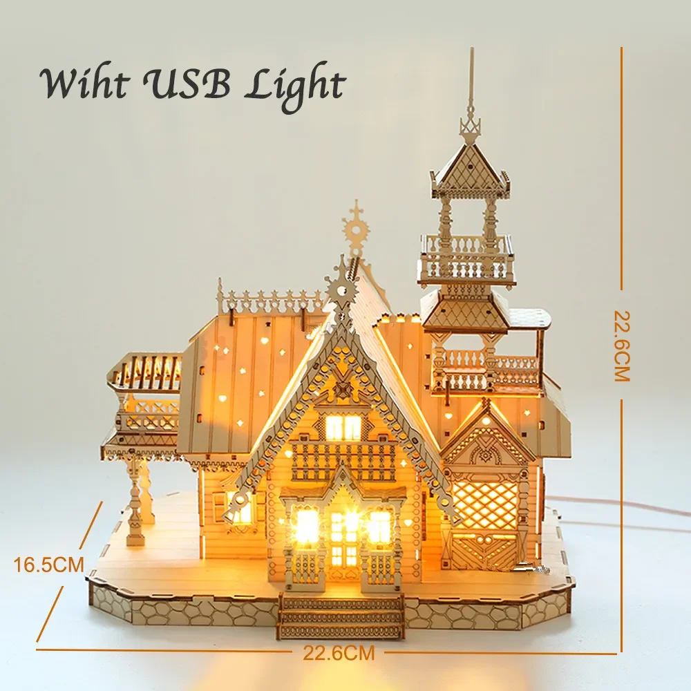 Modelli di case puzzle in legno 3D Villa House Castello reale con luce Giocattolo di assemblaggio fai-da-te per bambini Kit modello per adulti Regalo da scrivania