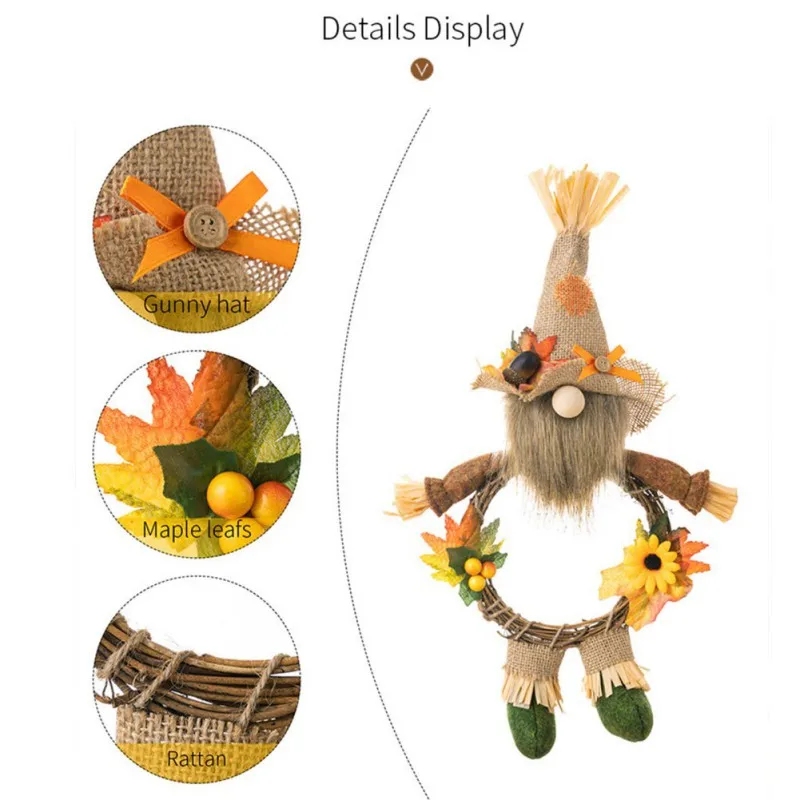 Couronne d'Automne Artificielle pour Porte d'Entrée, Gnome en Peluche, Feuilles d'Érable de Tournesol, Récolte Faite à la Main pour Décor de Thanksgivings