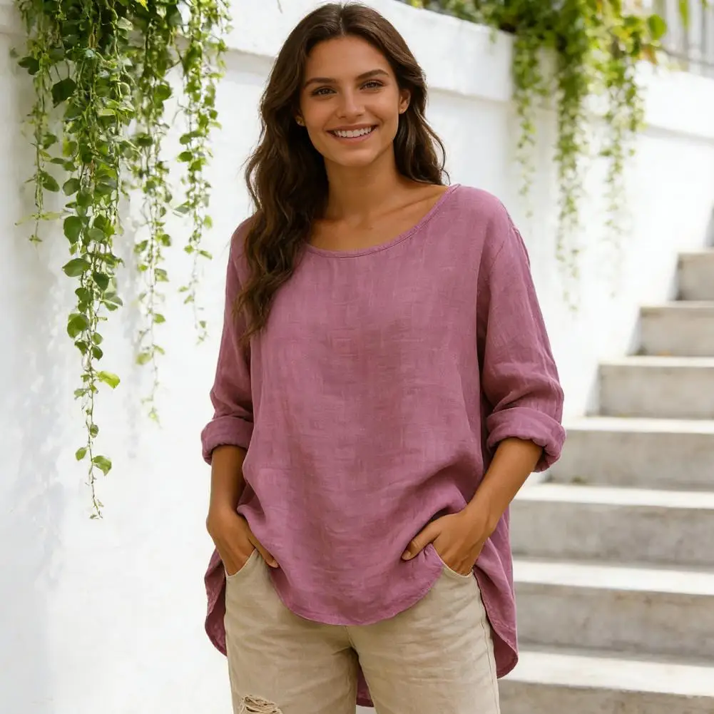 

Женские летние топы с круглым вырезом и длинными рукавами, свободного кроя, повседневные блузки, дышащие, мягкие, весенние пуловеры, для отпуска и на каждый день