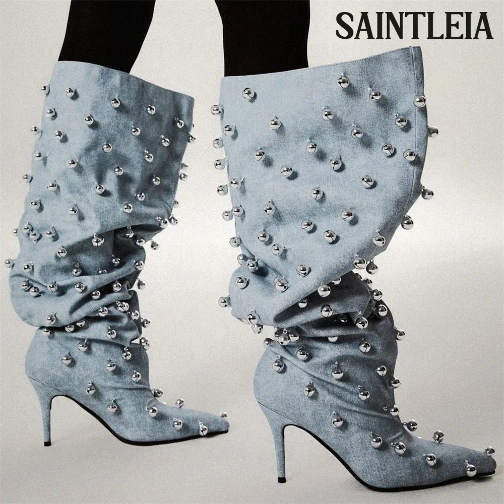Metallic Bubble Knee High Boots Silver Tone Muted Bells Pointed Toe Pleated Boots Black Leather Blue Denim Slip on Women Boots