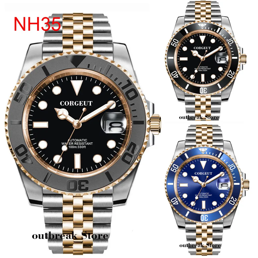 

Corgeut Japan NH35 10ATM Automatic Men Watch Two Tone Rose Gold Jubilee Strap Sterile Blue Sunburst Dial Sapphire Crystal