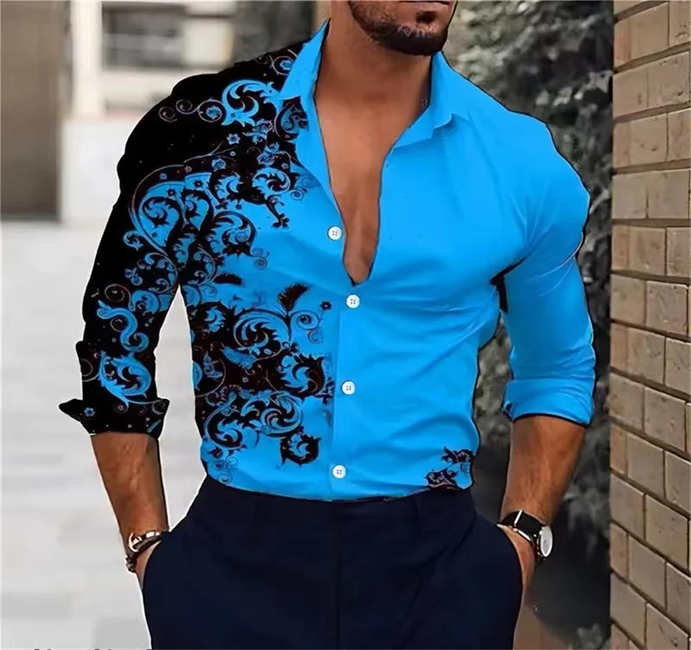 2024 Spring/Summer Men\'s Printed Shirt Fashion Luxury Collar Long Sleeve Shirt Social Party Comfortable Soft Fabric 6XL