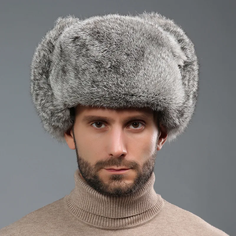 Men's Caps Warm Wholeskin Faux Rabbit Fur Bomber Hat With Earflaps Winter Hot Sale Unisex Warm Russian Hat Rabbit Fur Hats