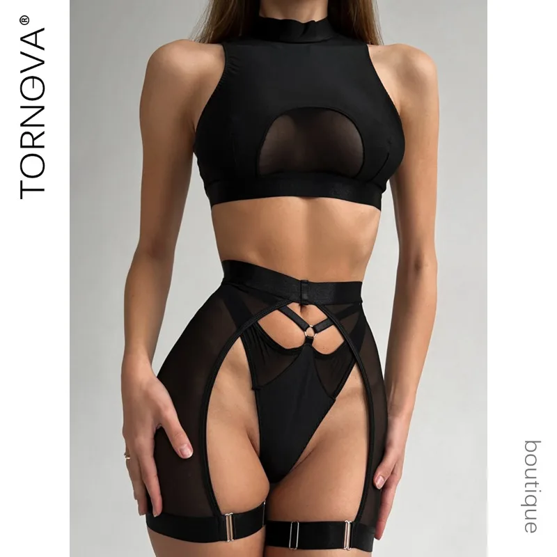 

Tornova Women Sexy Lingerie See-through Solid Color Seductive Gather Together Slim High Waisted Delicate Seductive Underwear Set