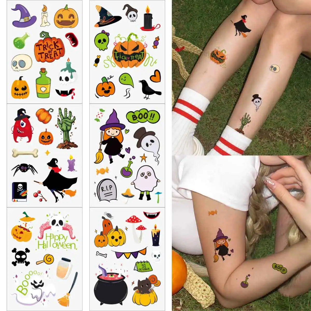 

6pcs Funny Halloween Pumpkin Ghost Witch Temporary Tattoo Stickers Horror Lip Bat Candy Ghost Tattoos Festival Party Deco