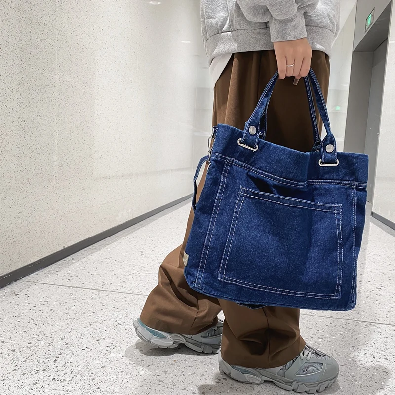 Denim Shoulder Bags For Women Thread Canvas Casual Totes 100% Cotton Tooling Packages Large Capacity Cloth Handbags Korea Bags