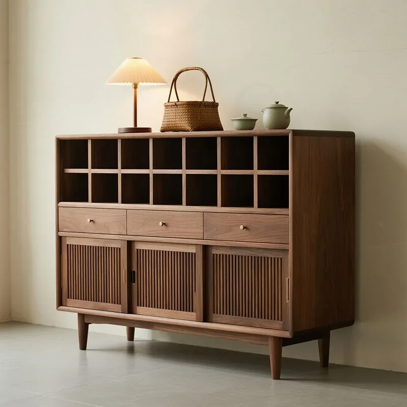 

black walnut dining side cabinet Song-style aesthetic all solid wood with drawer lattice storage cabinet tea cabinet