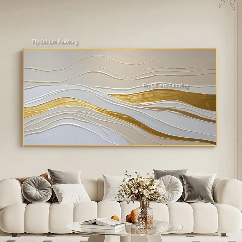 Thick Plaster Texture Hand Painted Golden Wave Art, Neutral Tone Oil Canvas, Sofa Background Luxury Wall Decor